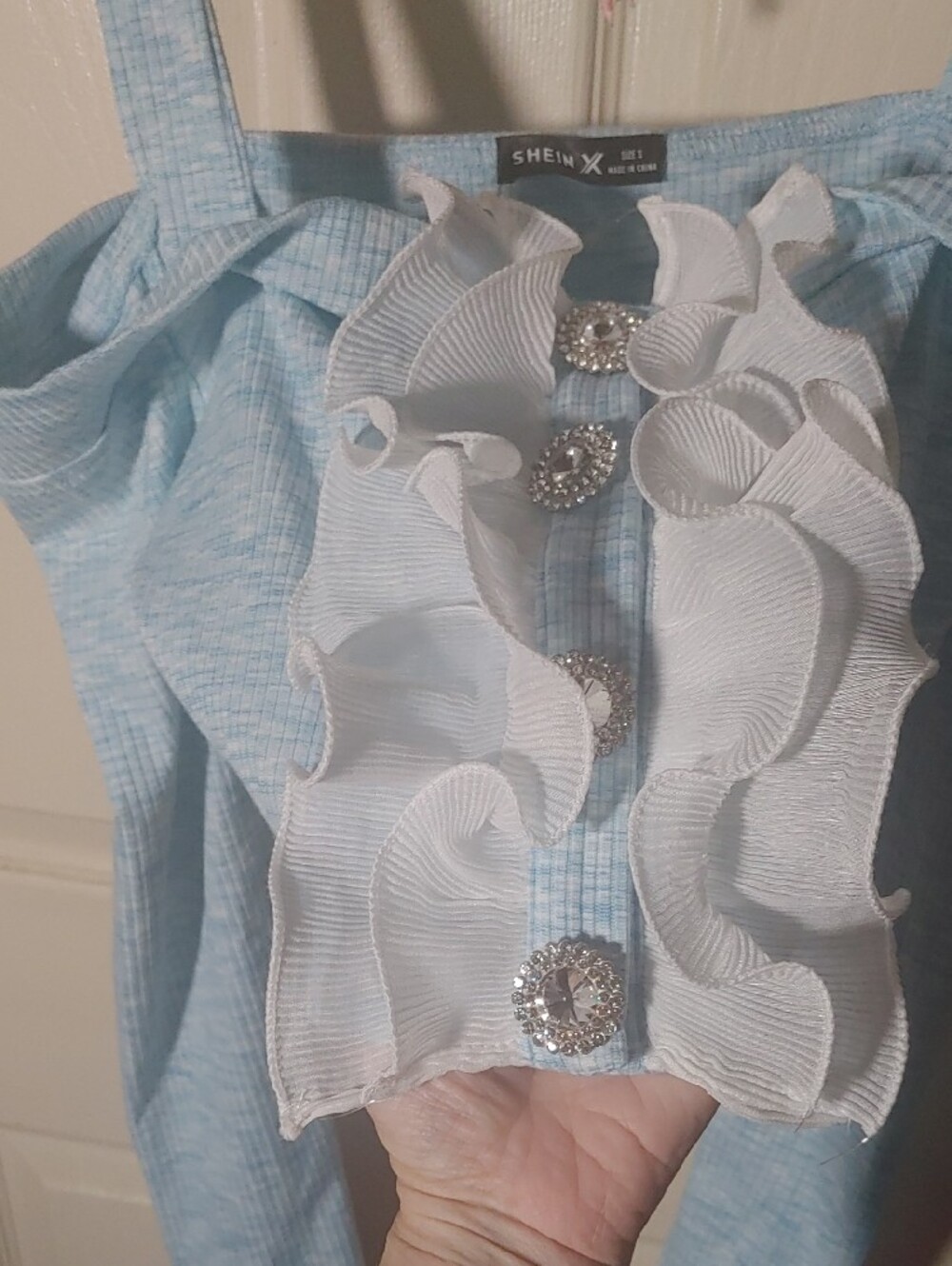 Light Blue Ruffle Off-Shoulder Crop Top - Picture 2 of 3